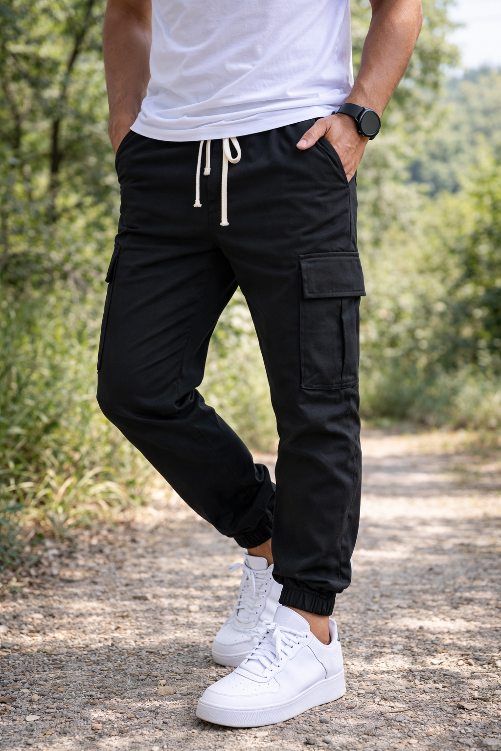 Herren Cargo Jogger Hose Baumwolle Tapered Bein mit Kordelzug
