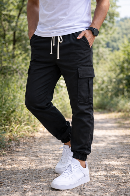 Herren Cargo Jogger Hose Baumwolle Tapered Bein mit Kordelzug
