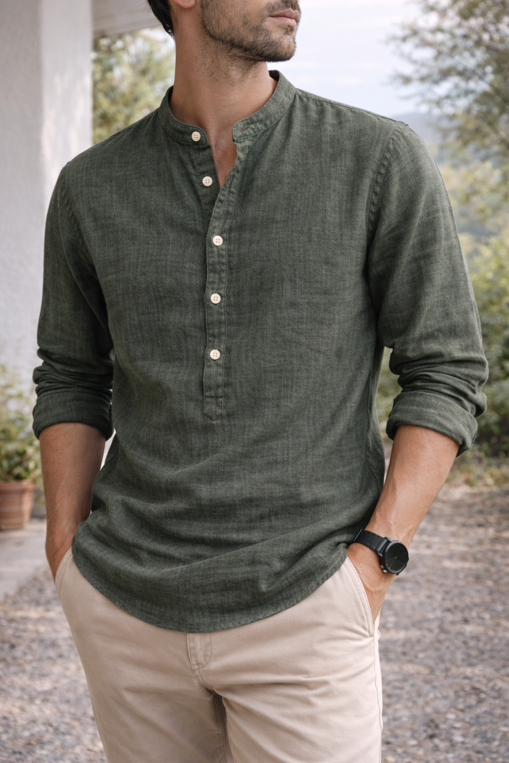 Herren Leinenhemd Stehkragen Beige Sommer - Norvielle