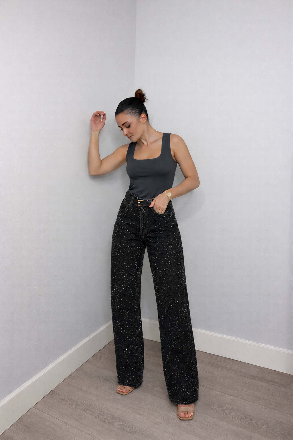 Damen Hochgeschnittene Hose Glitzerakzente