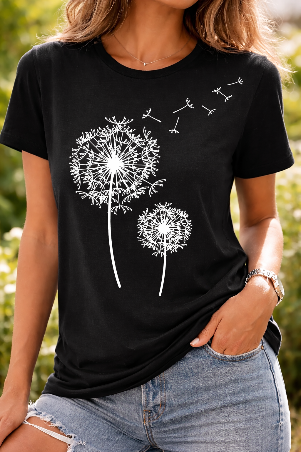 Damen T-Shirt Pusteblumen-Print Kurzarm