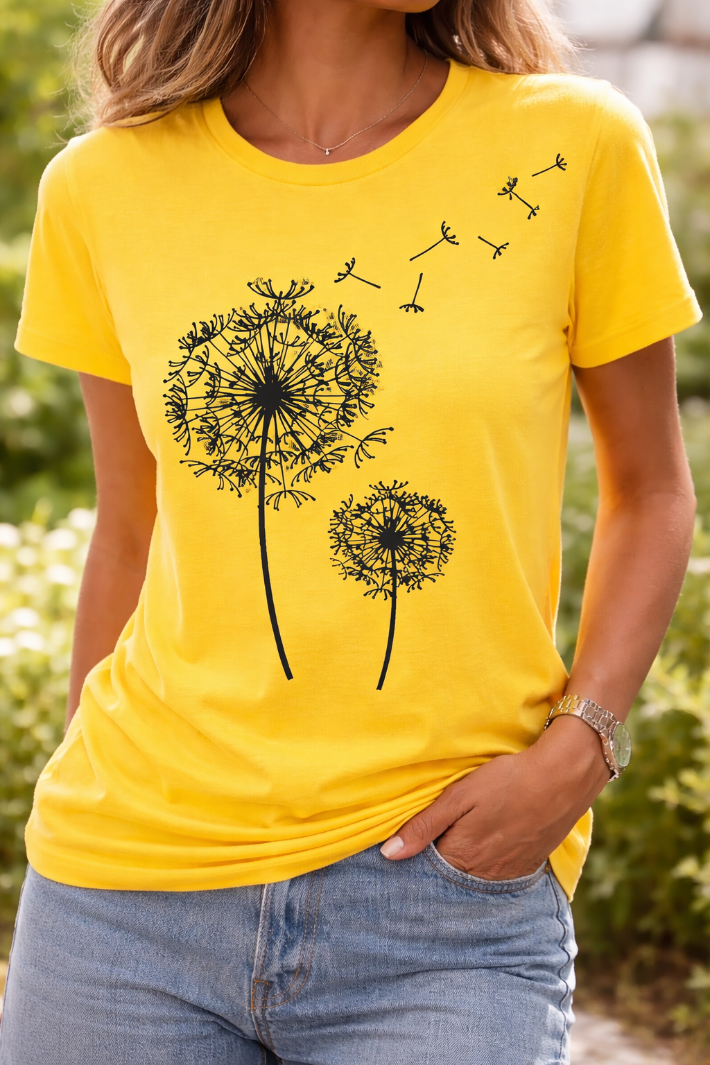 Damen T-Shirt Pusteblumen-Print Kurzarm Schwarz - Norvielle