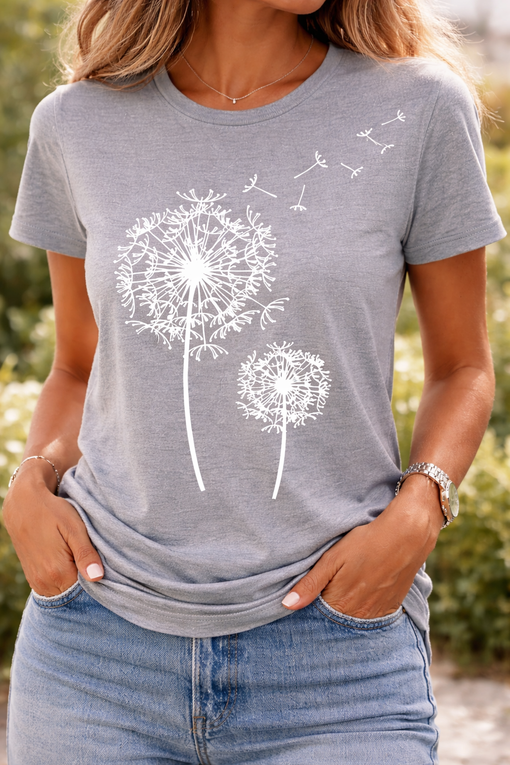 Damen T-Shirt Pusteblumen-Print Kurzarm