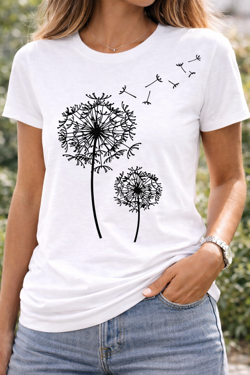 Damen T-Shirt Pusteblumen-Print Kurzarm