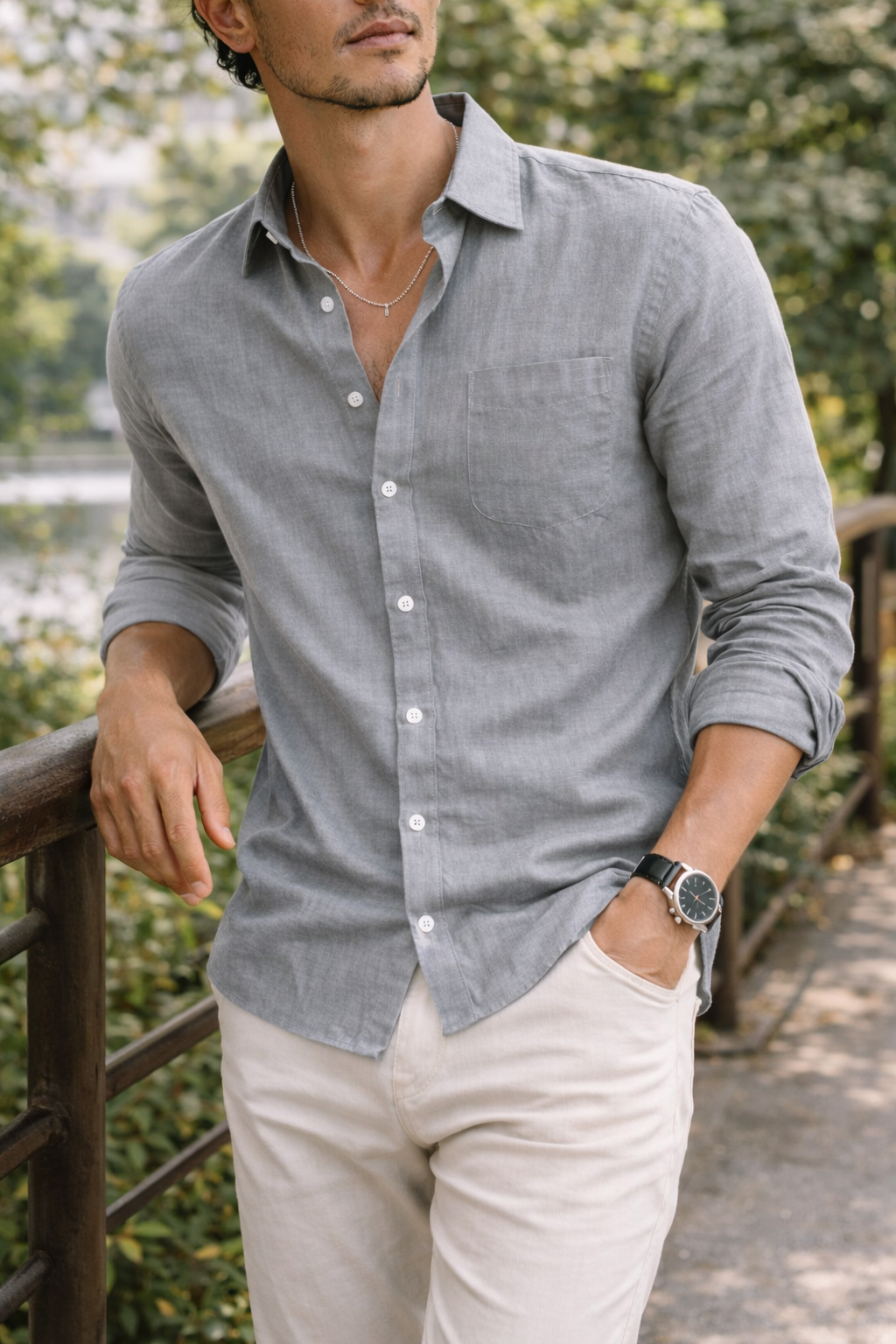 Herren Leinenhemd Langarm Leicht Sommerweiß