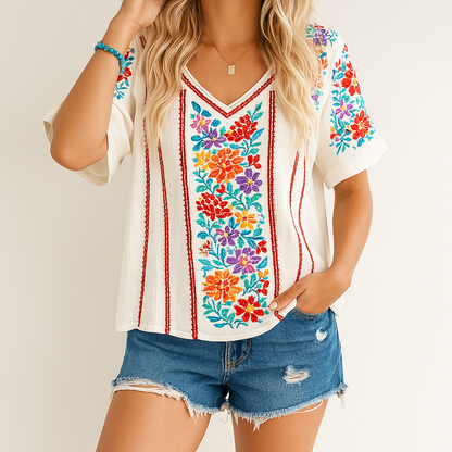 Damen Bluse V-Ausschnitt Florale Stickerei Elegante Sommerbluse - Norvielle