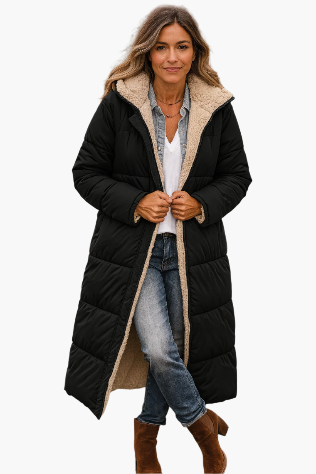 Damen Warme Kapuzenpufferjacke Lang Schwarz - Norvielle