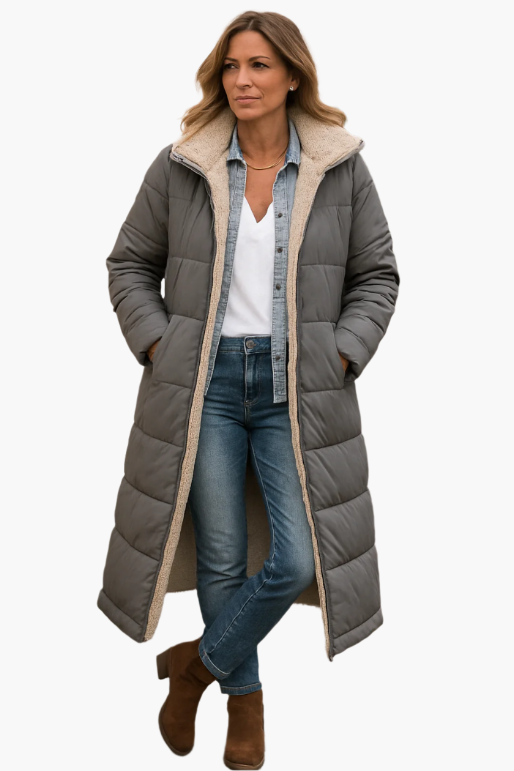 Damen Warme Kapuzenpufferjacke Lang