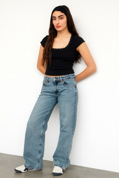Damen jeans mittelhoher Bund weites Bein