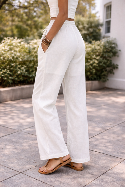 Damen Leinenhose Weites Bein Kordelzug Beige