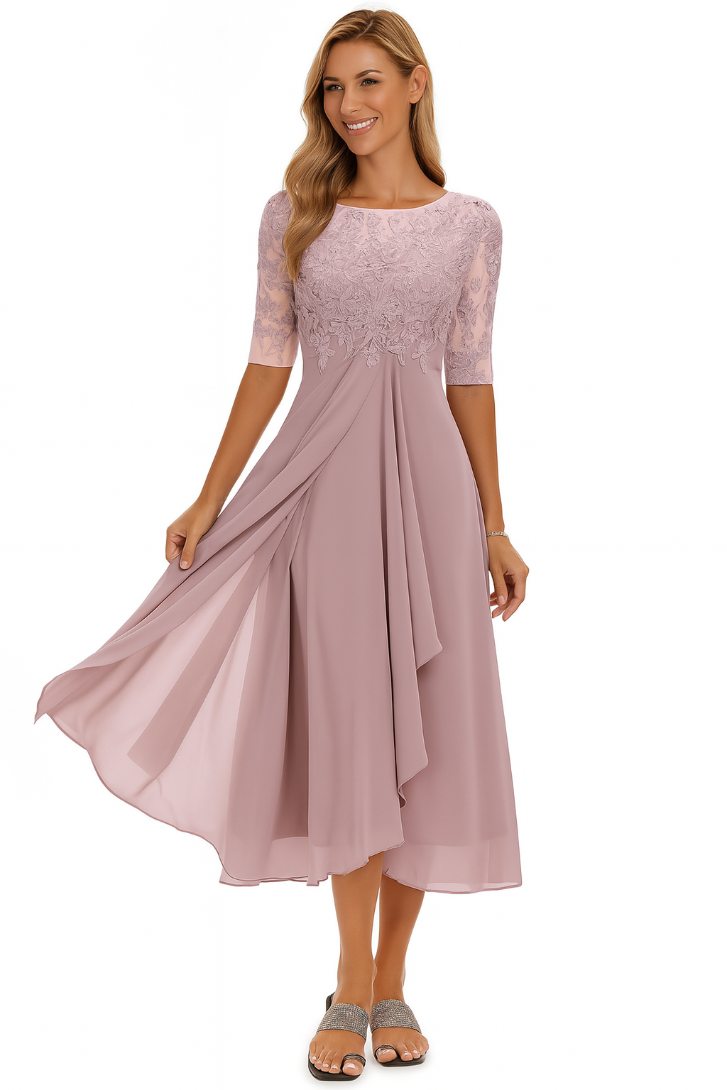 Damen A-Linie Spitzen Midi Kleid