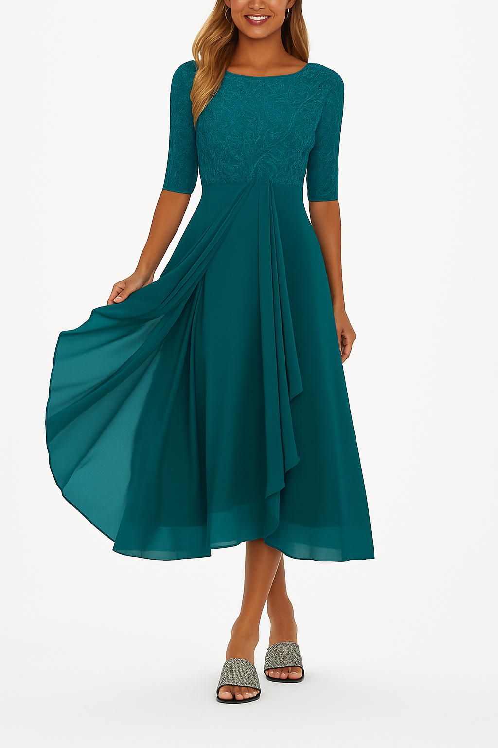 Damen A-Linie Spitzen Midi Kleid