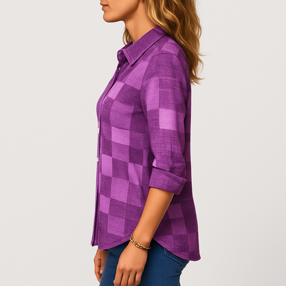 Damen Karo Bluse Langarm mit Hemdkragen und Knöpfen Beige