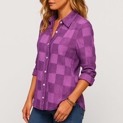 Damen Karo Bluse Langarm mit Hemdkragen und Knöpfen Beige