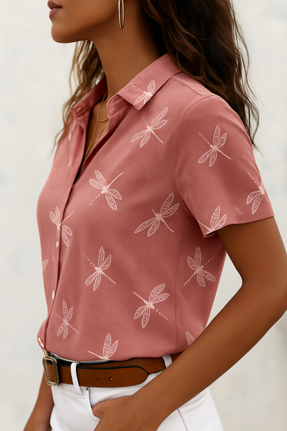 Damen Sommerbluse Leichtes Libellen-Print Hemd mit Knopfleiste Weiß