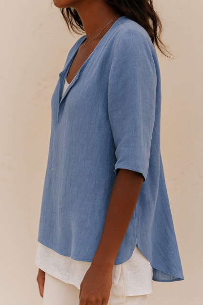 Damen Leinenbluse Sommer Unifarbe Halbärmel