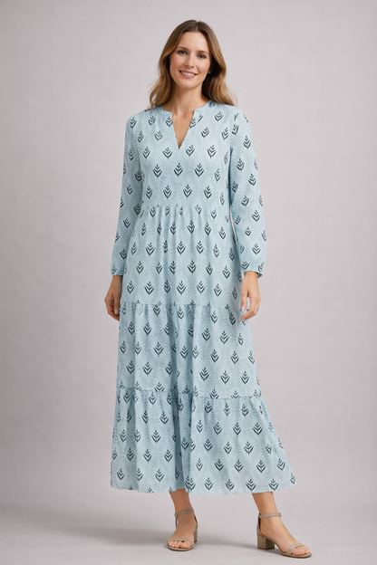 Damen Maxikleid Stufenrock V-Ausschnitt Boho-Stil