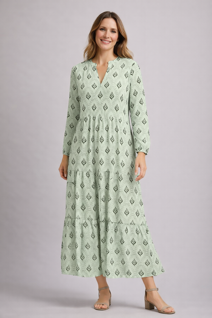 Damen Maxikleid Stufenrock V-Ausschnitt Boho-Stil