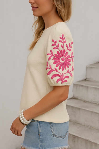 Damen Blusenshirt Puffärmel Florale Stickerei Weiß