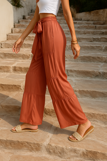 Damen Hose Hochtaillen Bindegürtel Weites Bein Sommerhose