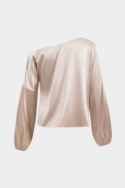 Damen Asymmetrische Satin-Bluse Ballonärmel Einseitig