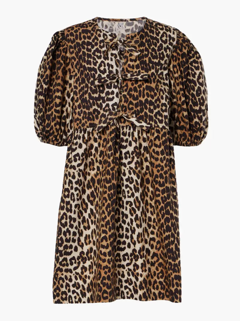 Damen Leopardenkleid Kurze Puffärmel