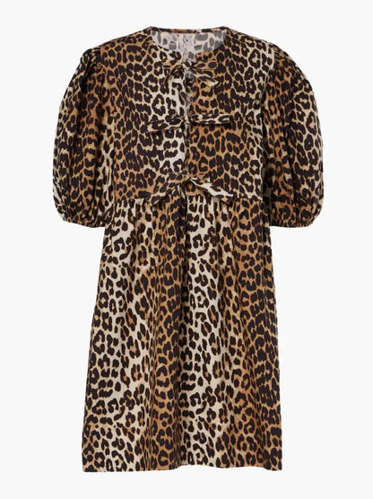 Damen Leopardenkleid Kurze Puffärmel