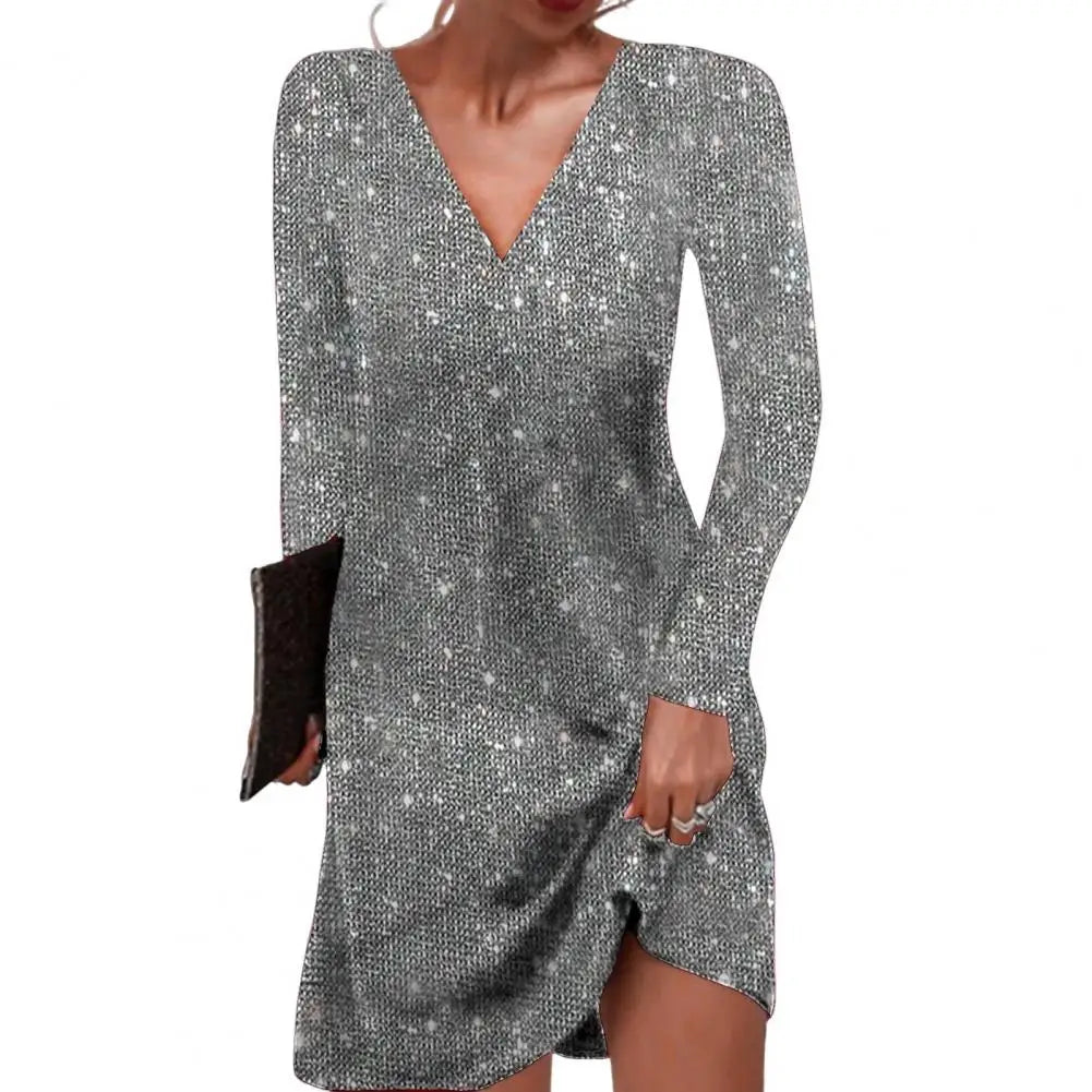 Elegantes Damen Wickelkleid V-Ausschnitt mit Pailletten