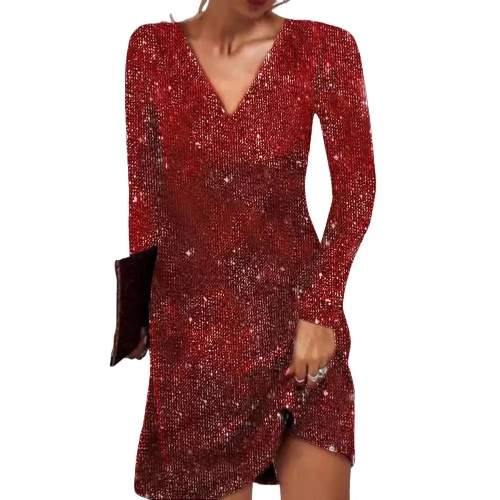 Elegantes Damen Wickelkleid V-Ausschnitt mit Pailletten