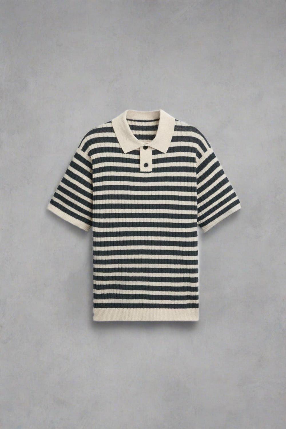 Klassisches Herren Strickpolo Gestreift Baumwolle Blau - Norvielle