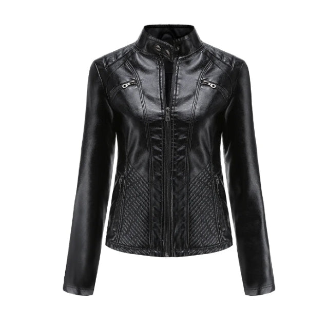 Damen Lederjacke Klassisch Zeitloser Schnitt Schwarz - Norvielle