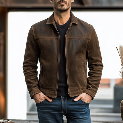 Herren Lederjacke im Vintage-Stil Kunstleder Reverskragen Schwarz - Norvielle