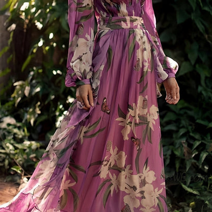 Damen Maxi Kleid Blumenmuster V-Ausschnitt Bequem