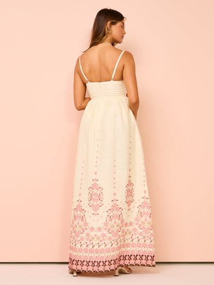 Damen Maxikleid Stickerei Spaghettiträger Boho Stil