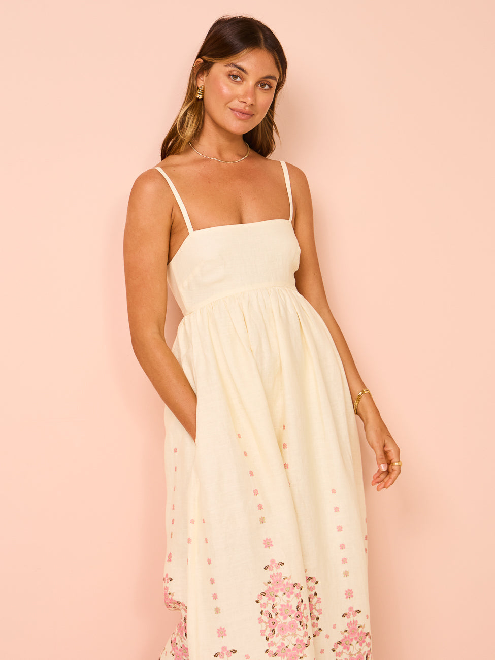 Damen Maxikleid Stickerei Spaghettiträger Boho Stil