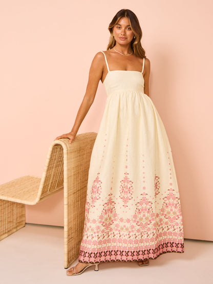 Damen Maxikleid Stickerei Spaghettiträger Boho Stil