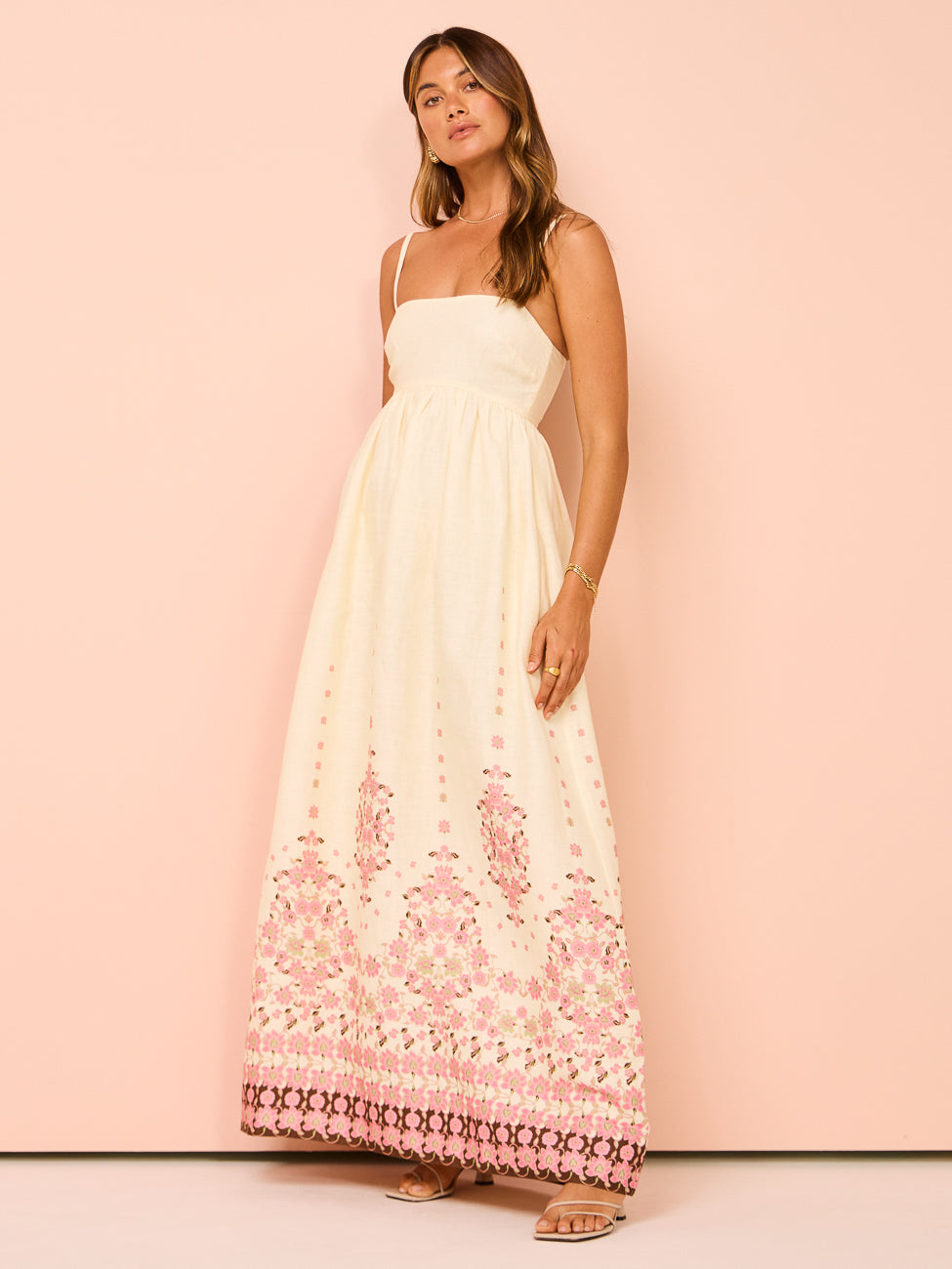 Damen Maxikleid Stickerei Spaghettiträger Boho Stil
