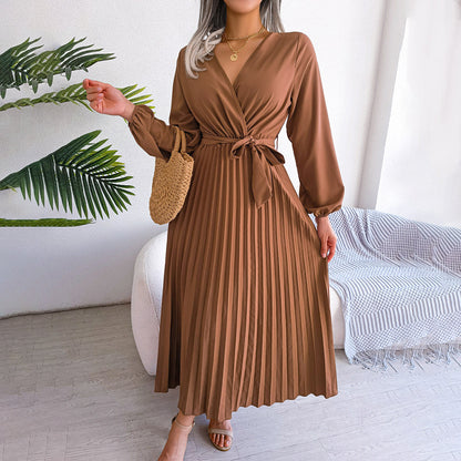 Damen Maxikleid V-Ausschnitt Taillengürtel Plisseerock