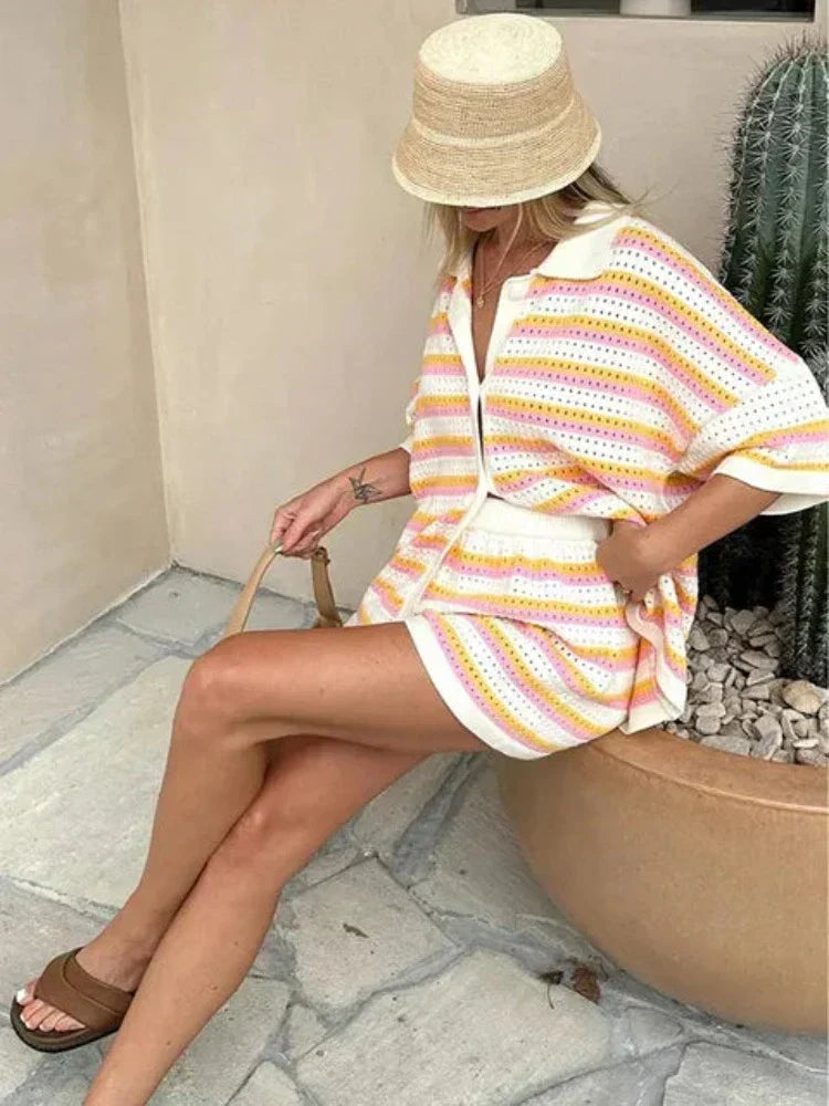 Damen Zweiteiliges Strickset Hemd und Shorts