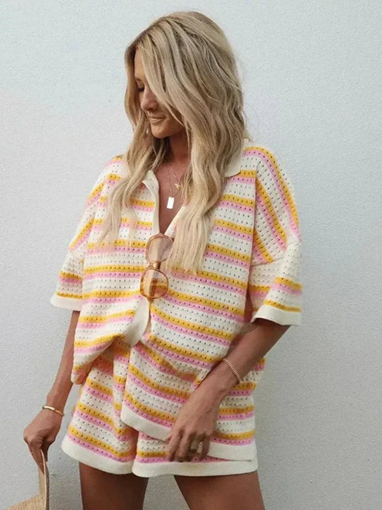 Damen Zweiteiliges Strickset Hemd und Shorts
