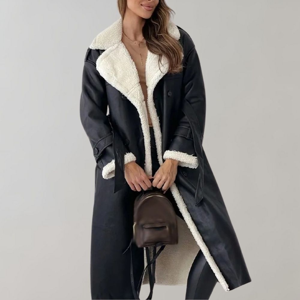 Damen Lederlook Mantel Fleecefutter Taillengürtel Schwarz - Norvielle