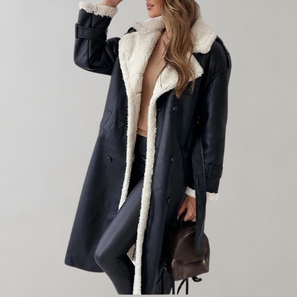 Damen Lederlook Mantel Fleecefutter Taillengürtel