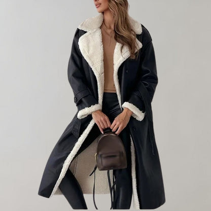 Damen Lederlook Mantel Fleecefutter Taillengürtel