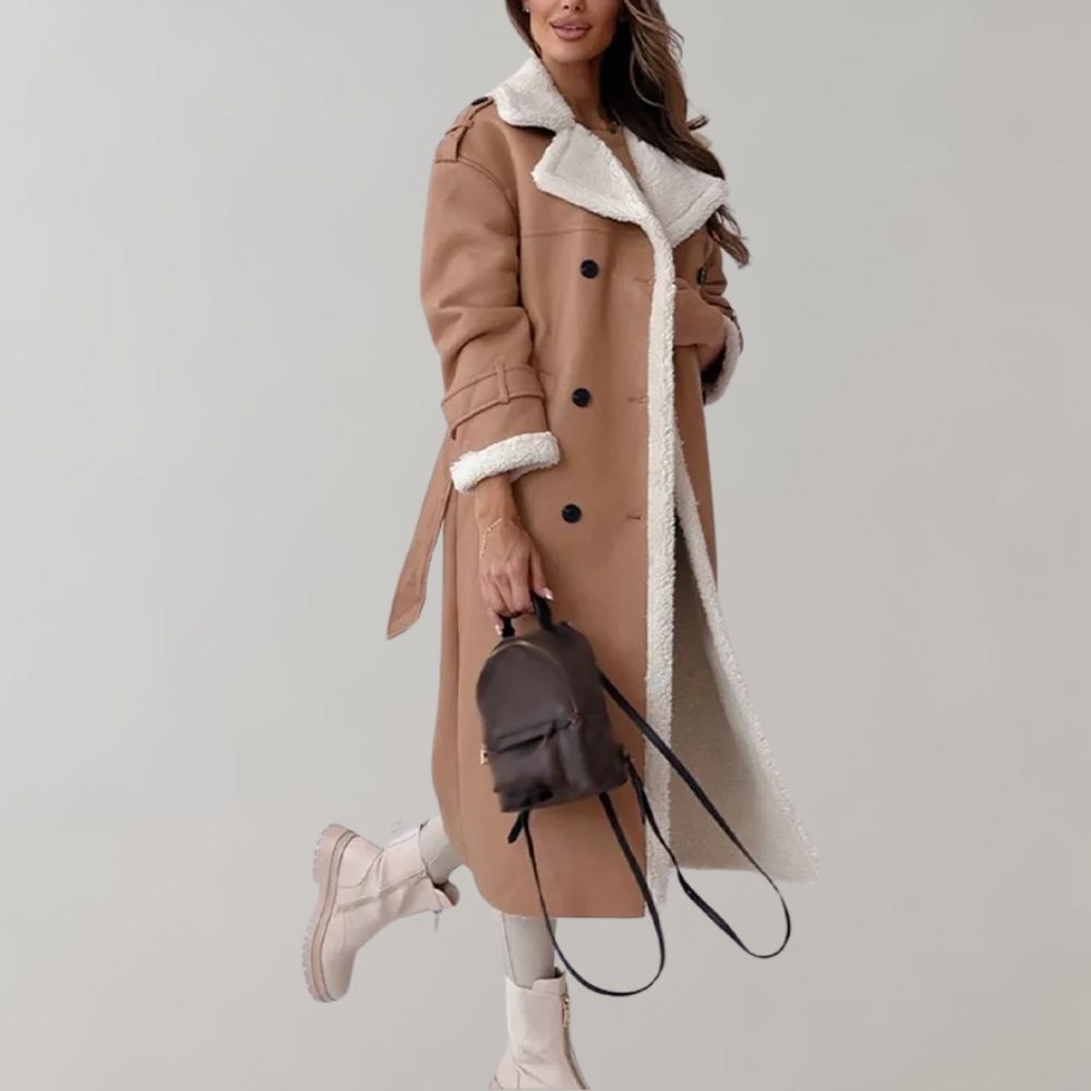Damen Lederlook Mantel Fleecefutter Taillengürtel