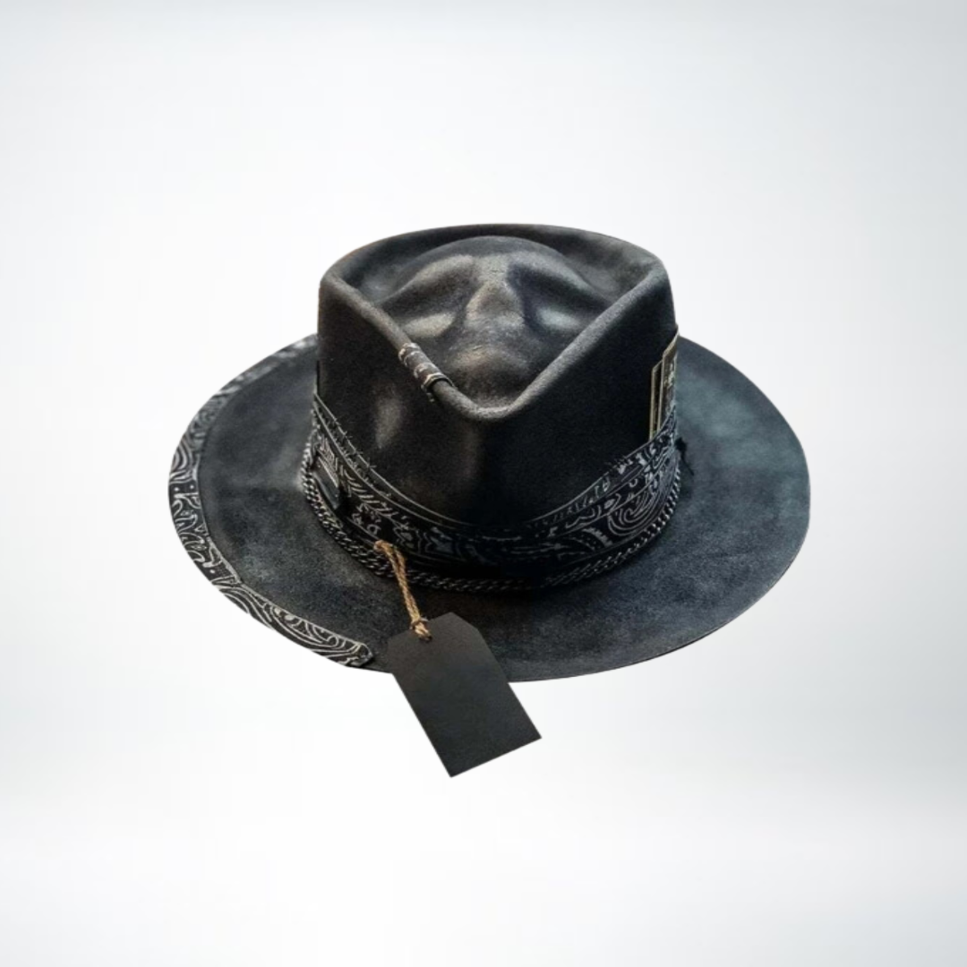 Männer Fedora Hut Schwarzer Totenkopf Breite Krempe Schwarz - Norvielle