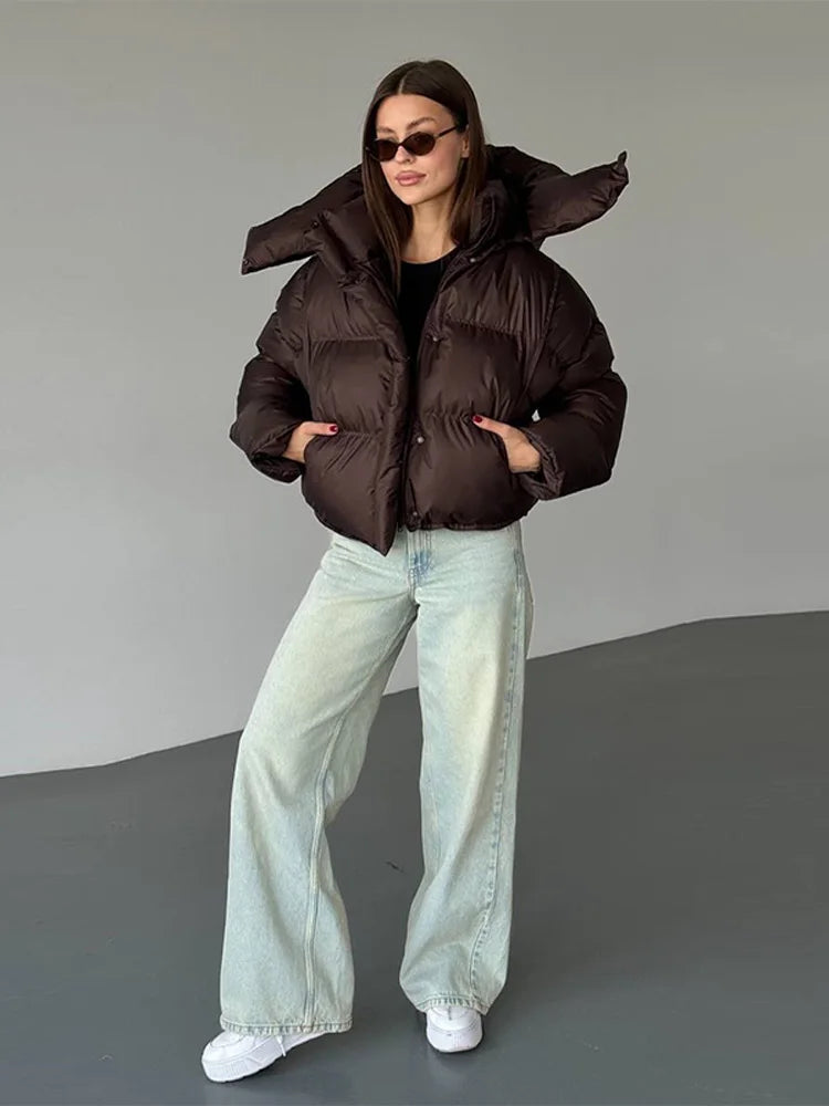 Damen Cropped Pufferjacke Kapuze Schwarz - Norvielle