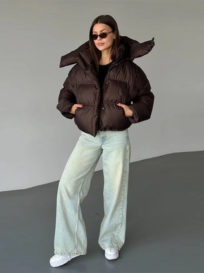 Damen Cropped Pufferjacke Kapuze Schwarz - Norvielle
