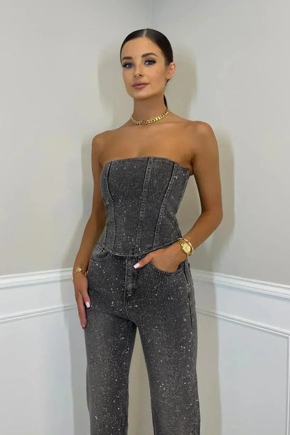 Damen Schulterfreier Overall Glänzend