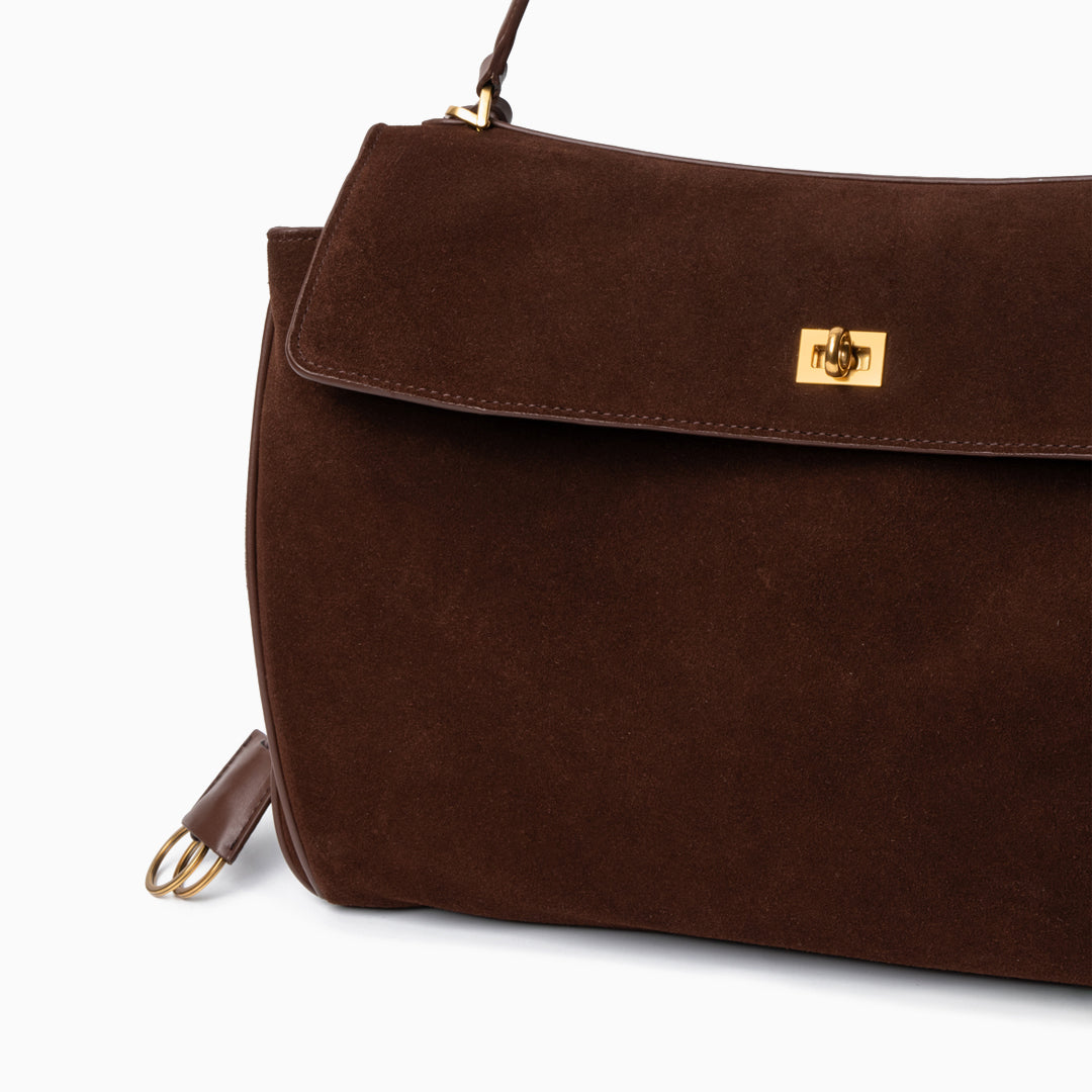 Damenhandtasche Dunkelbraunes Wildleder Goldfarbener Verschluss