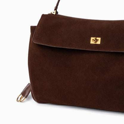 Damenhandtasche Dunkelbraunes Wildleder Goldfarbener Verschluss